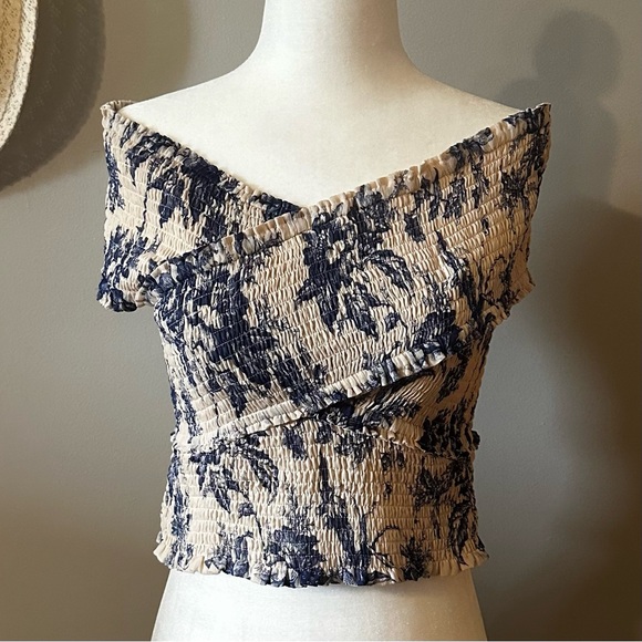 Express Blue Ivory Floral Smocked Off The Shoulder Wrap Cropped Top - Picture 1 of 12